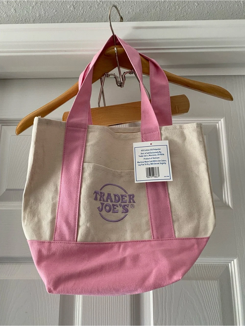 NWT Trader Joe's Pink & Cream Canvas Mini Tote - Picture 2 of 5